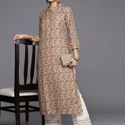 Varanga Women Beige & Yellow Geometric Printed Quirky Kurta-16