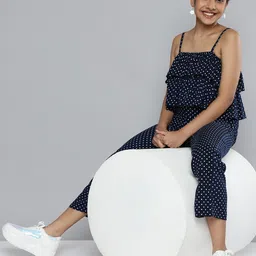 HERE&NOW Girls Navy Blue & White Polka Dots Printed Jumpsuit with Layered Ruffles-image-8