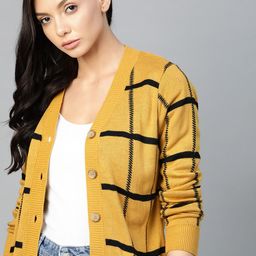 The Roadster Lifestyle Co Women Mustard Yellow & Black Checked Cardigan-image-66