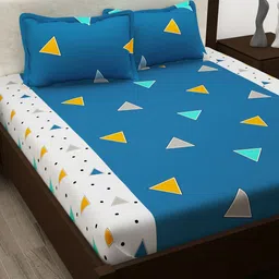 Story@home Blue & White Geometric 186 TC Cotton 1 Queen Bedsheet with 2 Pillow Covers-17