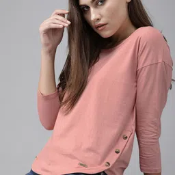Roadster Women Pink Solid Pure Cotton Top with Button Details on Side-image-94