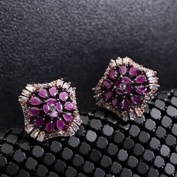Priyaasi Gunmetal-Toned & Magenta Gold-Plated American Diamond Oversized Studs-image-74