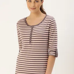 Enamor Women Mauve & Off-White Slim Fit Striped Henley Neck Lounge T-shirt-image-69