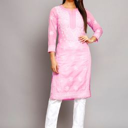 PARAMOUNT CHIKAN Women Pink Ethnic Motifs Yoke Design Keyhole Neck Flared Sleeves Chikankari Kurta-picture-12