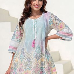 Indo Era Floral Printed Notch Neck A Line Pure Cotton Kurta With Trousers-picture-6