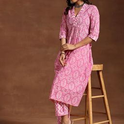 Libas Women Ethnic Motifs Printed Pleated Pure Cotton Kurta with Trousers-27