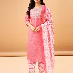 TRAHIMAM Women Floral Embroidered Regular Pure Cotton Kurta with Trousers-picture-42