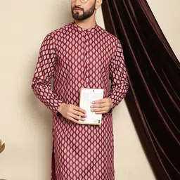 Anouk Maroon Ethnic Motifs Printed Band Collar Cotton Linen Straight Kurta-image-68