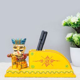 Golden Peacock Yellow & Red Painted Handcrafted Wooden Musician Pen Stand-49