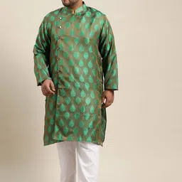 SOJANYA PLUS Size Men Green & Copper Woven Design Indie Prints Jacquard Kurta-5