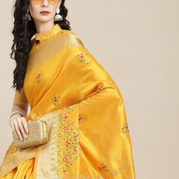 SERONA FABRICS Yellow Floral Embroidered Woven Design Silk Cotton Saree with Blouse-24