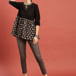 Taavi Black & Grey Hand Block Print Legacy Pure Cotton Sustainable Top with Mirror Work & Contrast Print-picture-18