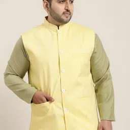SOJANYA PLUS Men Plus Size Lemon Yellow Woven-Design Nehru Jacket-picture-2