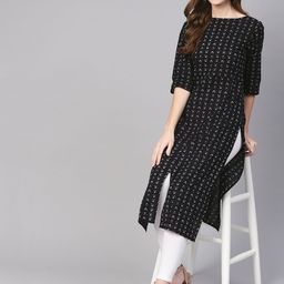 Nayo Women Black & White Floral Printed Straight Kurta-27