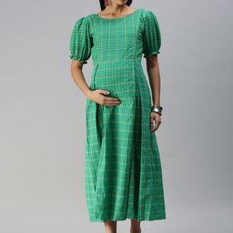 Swishchick Women Teal Green & Yellow Checked Woven Handloom Maternity A-Line Midi Dress-image-13