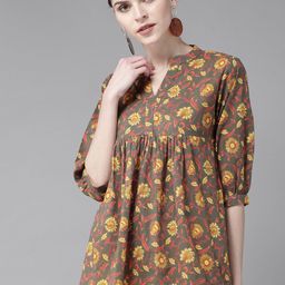 Libas Women Olive Green & Mustard Yellow Printed Pure Cotton A-Line Kurti-image-79