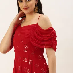 Ethnovog Ready To Wear Red Georgette Embroidered One Shoulder Style Gown-23