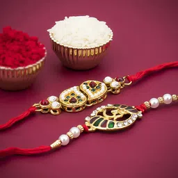 Sukkhi Rakhi Men Set Of 2 Gold-Plated Red & White Stone-Studded Rakhi With Roli Chawal & Greeting Card-image-86