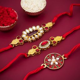 Sukkhi Rakhi Men Set Of 3 Gold-Plated Red & White Stone-Studded Rakhi With Roli Chawal & Greeting Card-picture-7