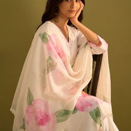 Indo Era Floral Printed V-Neck Straight Sequinned Linen Kurta With Trousers And Dupatta-picture-3