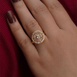 ARTKLIM Gold-Plated American Diamond Studded Revolving Flower Baguette Finger Ring-24