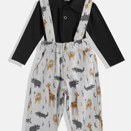 Moms Love Infant Boys Pure Cotton Animal Graphic Printed Dungarees with Solid T-shirt-image-88
