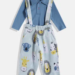 Moms Love Infant Boys Pure Cotton Graphic Printed Dungarees with Solid T-shirt-image-87