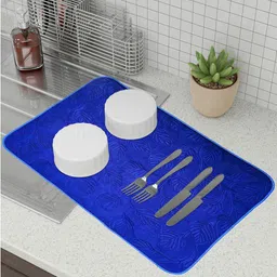 Kuber Industries Blue & Brown 3 Pieces Embossed Rectangular Dish Dry Mats-13