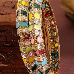Rubans Set of 2 18K Gold-Plated Multi-Coloured Zirconia Stone Studded Traditional Bangles-24