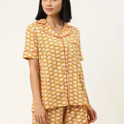 MABISH by Sonal Jain Women Mustard Yellow & White Ethnic Motifs Print Cotton Night suit-picture-44