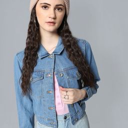 Flying Machine Women Blue Washed Crop Pure Cotton Denim Trucker-image-90