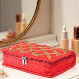 Kuber Industries Jewellery Pouches With 4 Compartments &1 Bangle Roll Check Gota Lace Red-55
