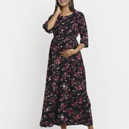 MYLO ESSENTIALS Women Navy Blue Floral Printed Maternity Maxi Dress-image-37