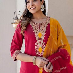 KALINI Ethnic Motifs Embroidered Sequinned Straight Kurta with Trousers & Dupatta-picture-26
