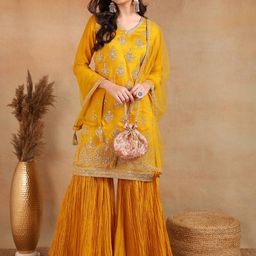 AHIKA Mustard Yellow Ethnic Motifs Embroidered Sequinned Kurta With Sharara & Dupatta-picture-4