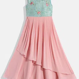 Ethnovog Girls Pink  Blue Made To Measure Floral Embroidered Georgette A-Line Dress-picture-35