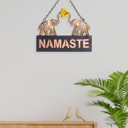 Golden Peacock Black Namaste Message Textured Elephant Wall Decor-32
