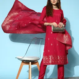 Kvsfab Women Pink Floral Zari Kurta With Trousers & With Jacquard Dupatta-image-7