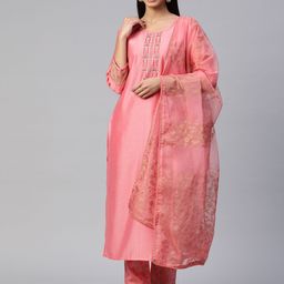 SheWill Women Floral Embroidered Sequinned Liva Kurta With Trousers & With Dupatta-image-22