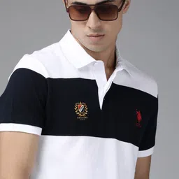 U S Polo Assn Men White & Navy Blue Colourblocked Polo Collar Pure Cotton Slim Fit T-shirt-image-80