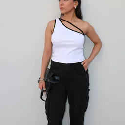 Obleka Contrast Rib One Shoulder Top With Trousers Co-Ords-picture-16