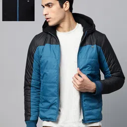 Roadster Men Blue & Black Colourblocked Reversible Hooded Padded Jacket-54