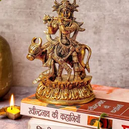 The Advitya Lord Krishna With Cow Brass Religious Idol-picture-26
