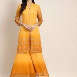 Jompers Women Yellow Floral Printed Kurta with Palazzos-image-7