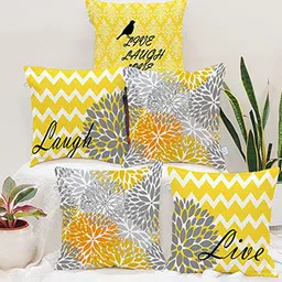 STITCHNEST Yellow & Grey Set of 5 Floral Square Cushion Covers-6