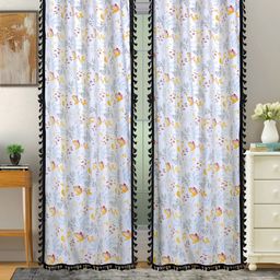 Cortina White & Grey 2 Pcs Floral Room Darkening Cotton Door Curtains-image-60