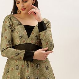 Ethnovog Ready To Wear Green Printed Art Silk Cotton Gown-image-18