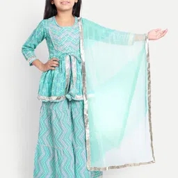Ka-mee Girls Sea Green Printed Gotta Patti Pure Cotton Kurta with Skirt & Dupatta-image-81
