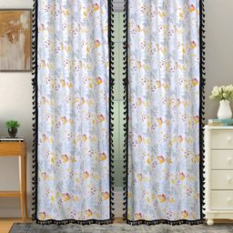 Cortina White & Grey 2 Pcs Floral Room Darkening Cotton Long Door Curtains-image-64