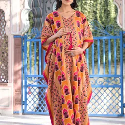 Aujjessa Ethnic Motifs Printed V-Neck Maternity Cotton Maxi Kaftan-44